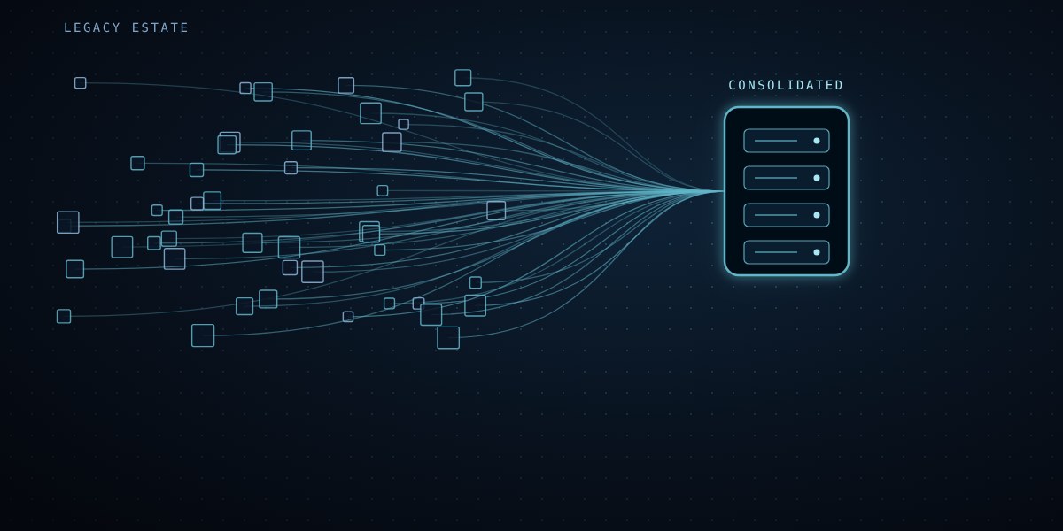 Scattered legacy systems converging into one consolidated platform
